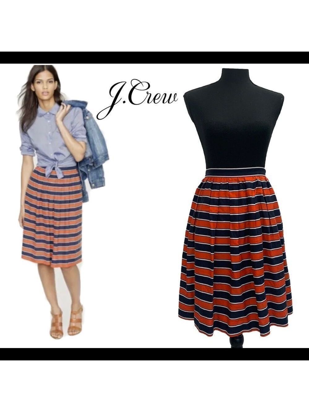 J. Crew Gondola Nautical Red White Navy Striped Pleated Sz 6